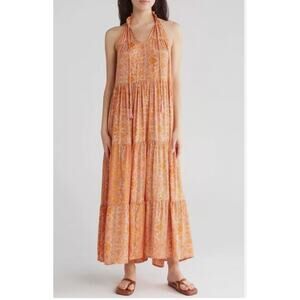 Raga Shalina Ruffle Tassel Tie Collar Satin‎ Maxi Dress Orange Pink Sz Med NWT